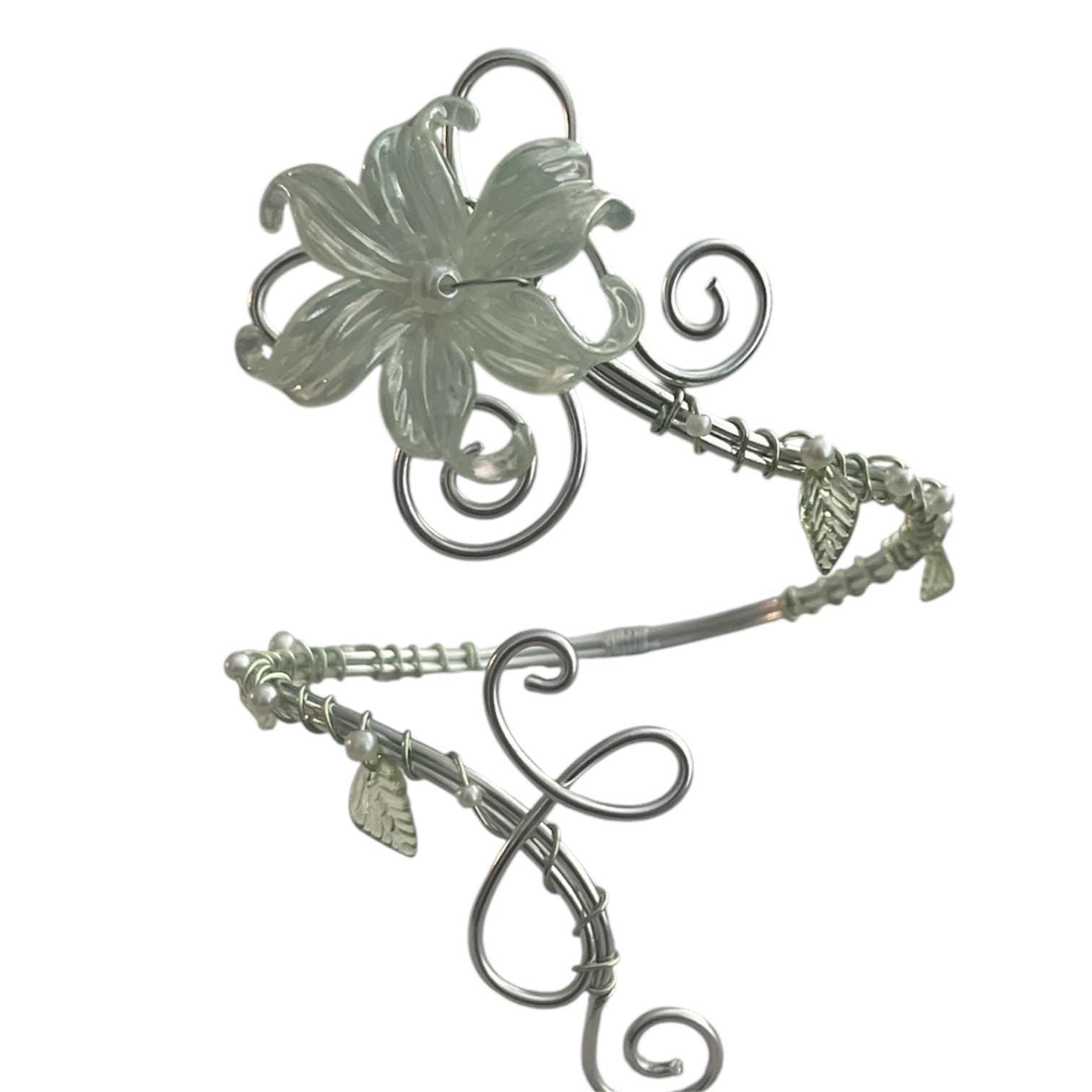 Whimsical Silver Green Flower Arm Cuff