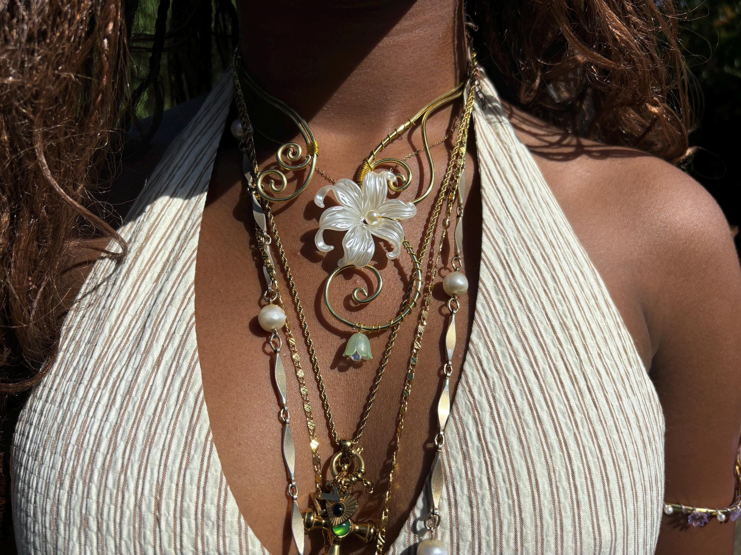 Whimsical Gold White Flower Necklace