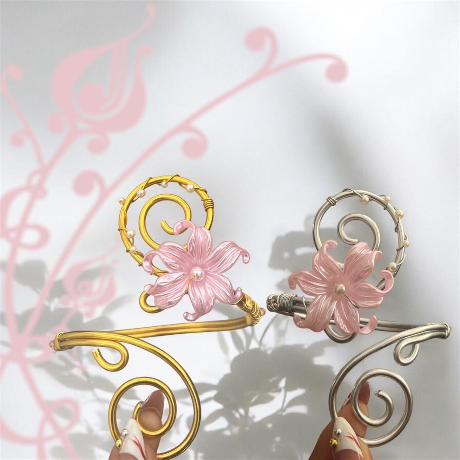 Whimsical Silver/Gold Pink Flower Arm Cuff
