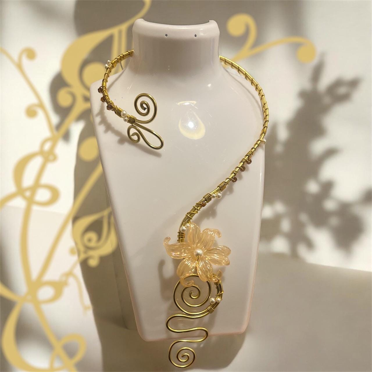 Whimsical Gold Orange Flower Necklace