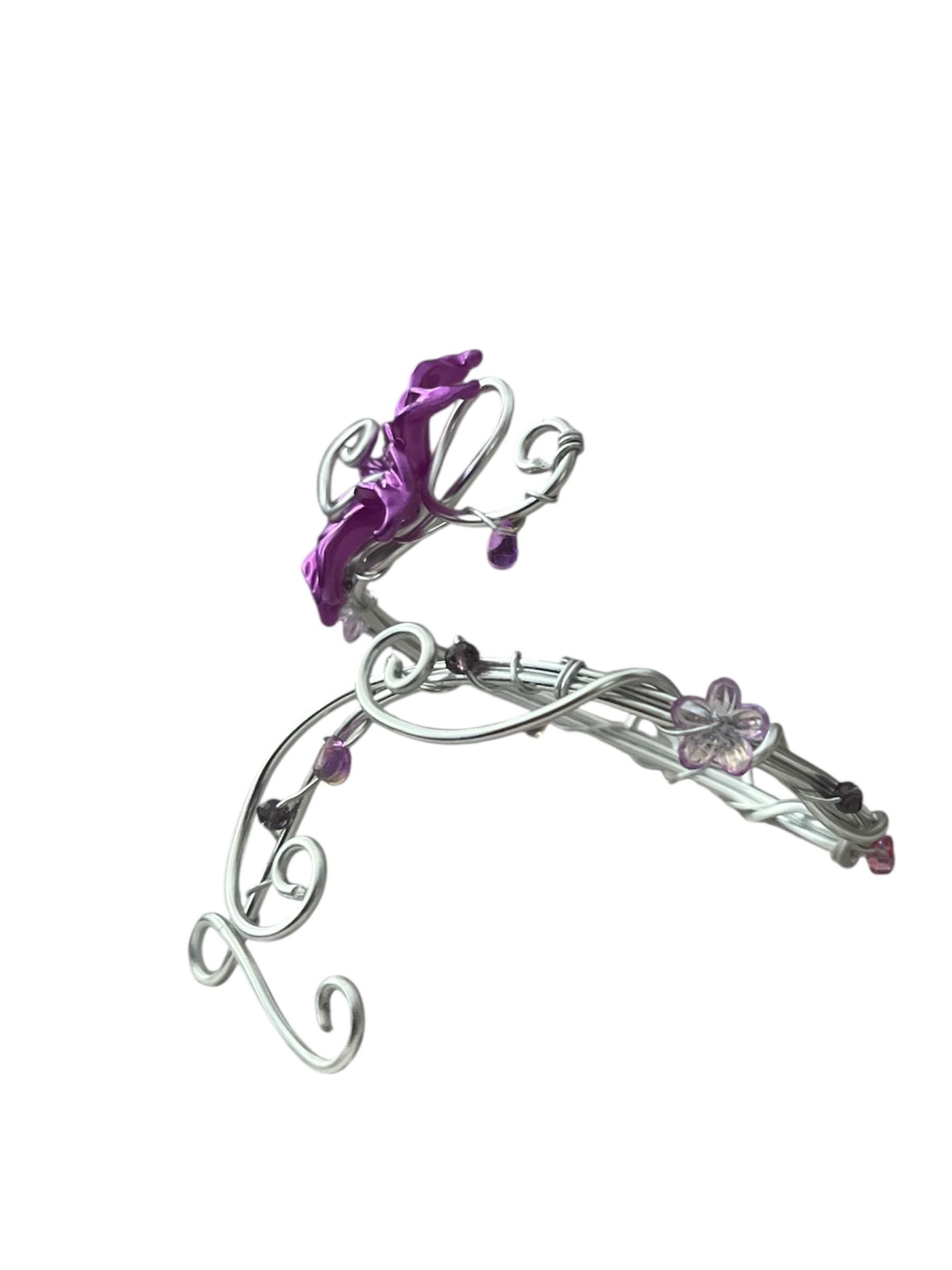 Whimsical Silver Deep Purple Flower Black Swan Arm Cuff