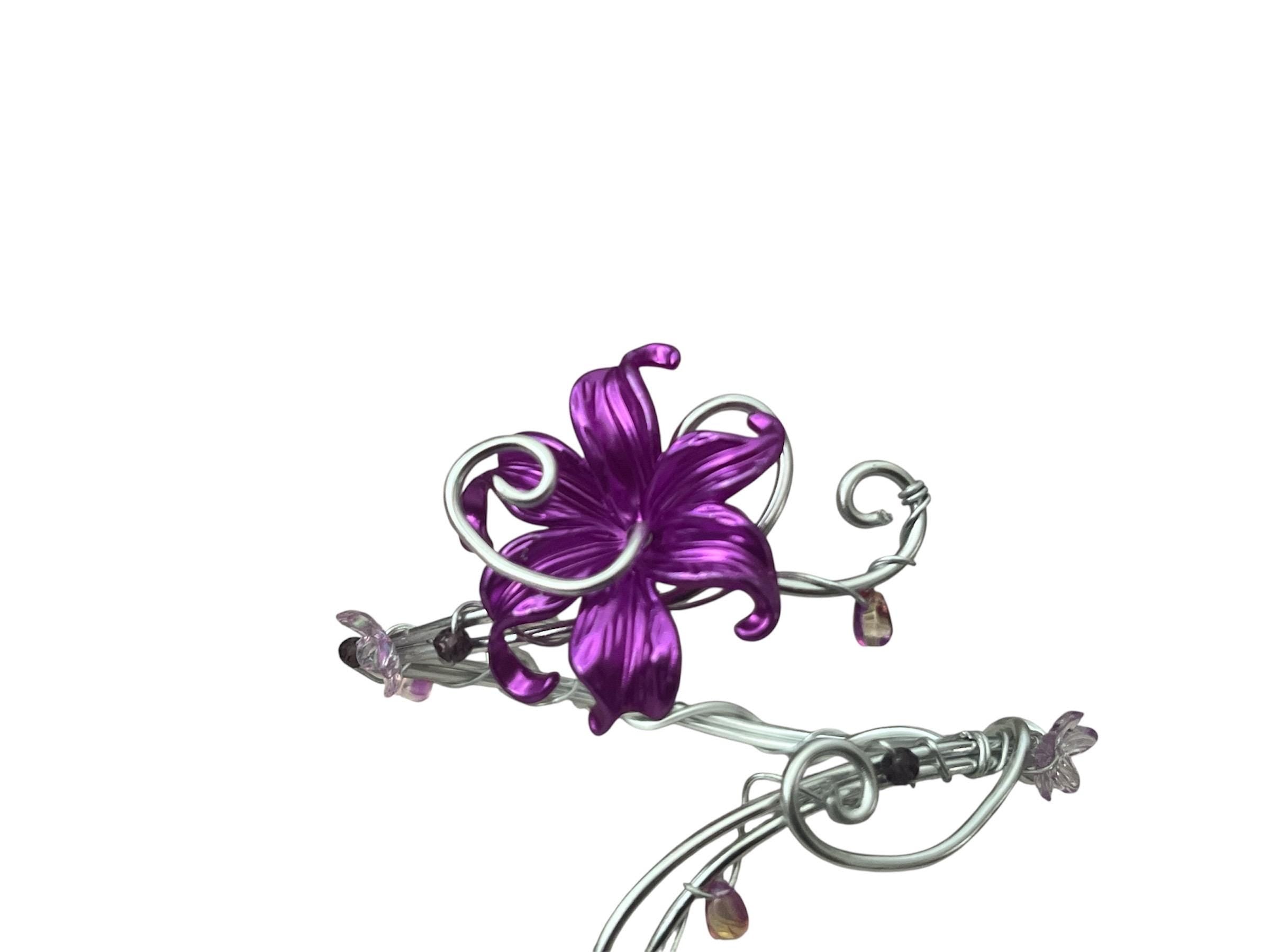 Whimsical Silver Deep Purple Flower Black Swan Arm Cuff