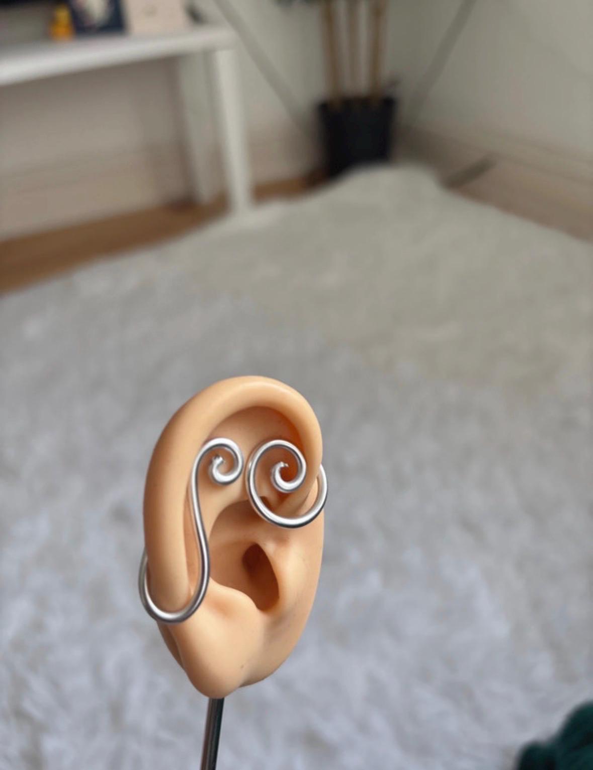 Whimsical handmade double spiral silver ear cuff/ ear runner