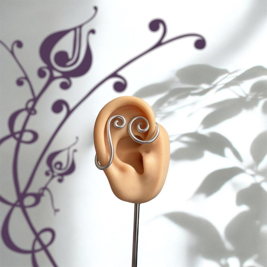 Whimsical handmade double spiral silver ear cuff/ ear runner