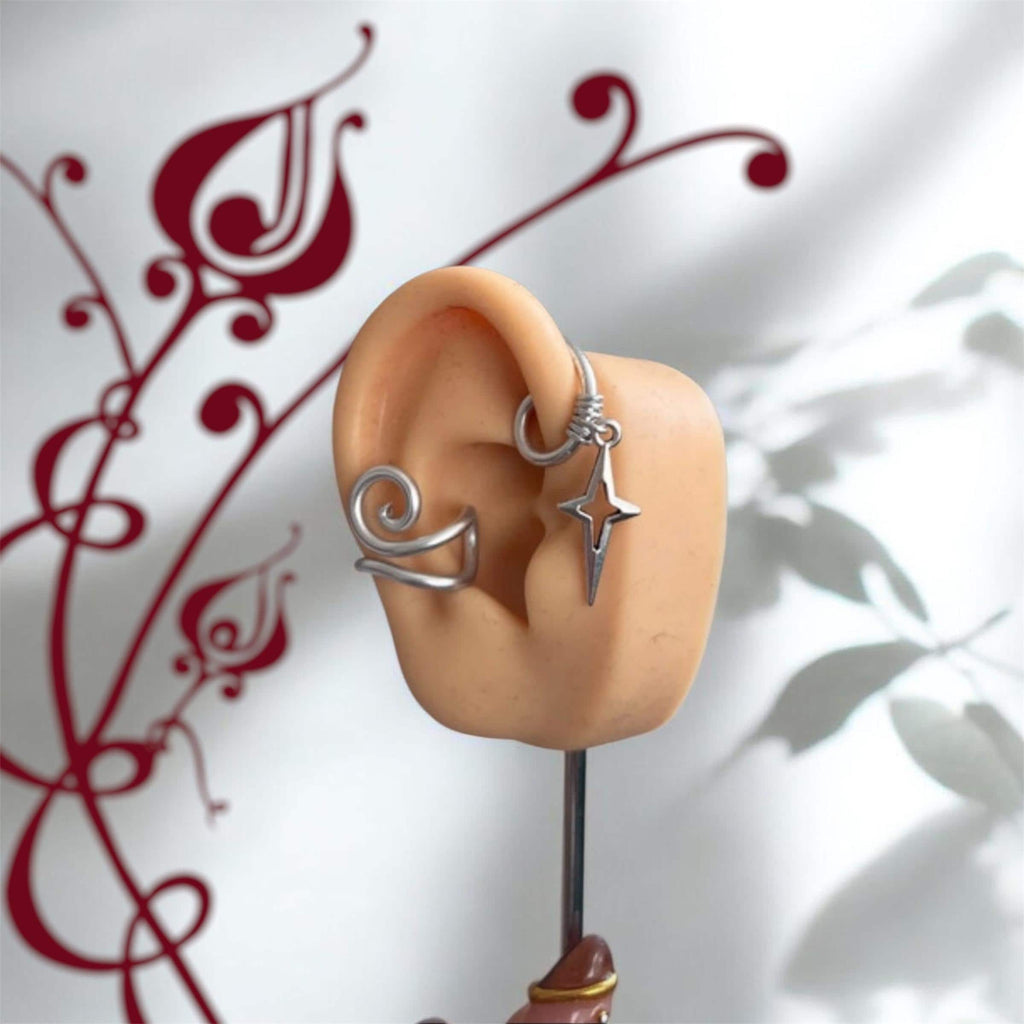 Whimsical handmade star charm spiral silver ear cuff/ ear runner