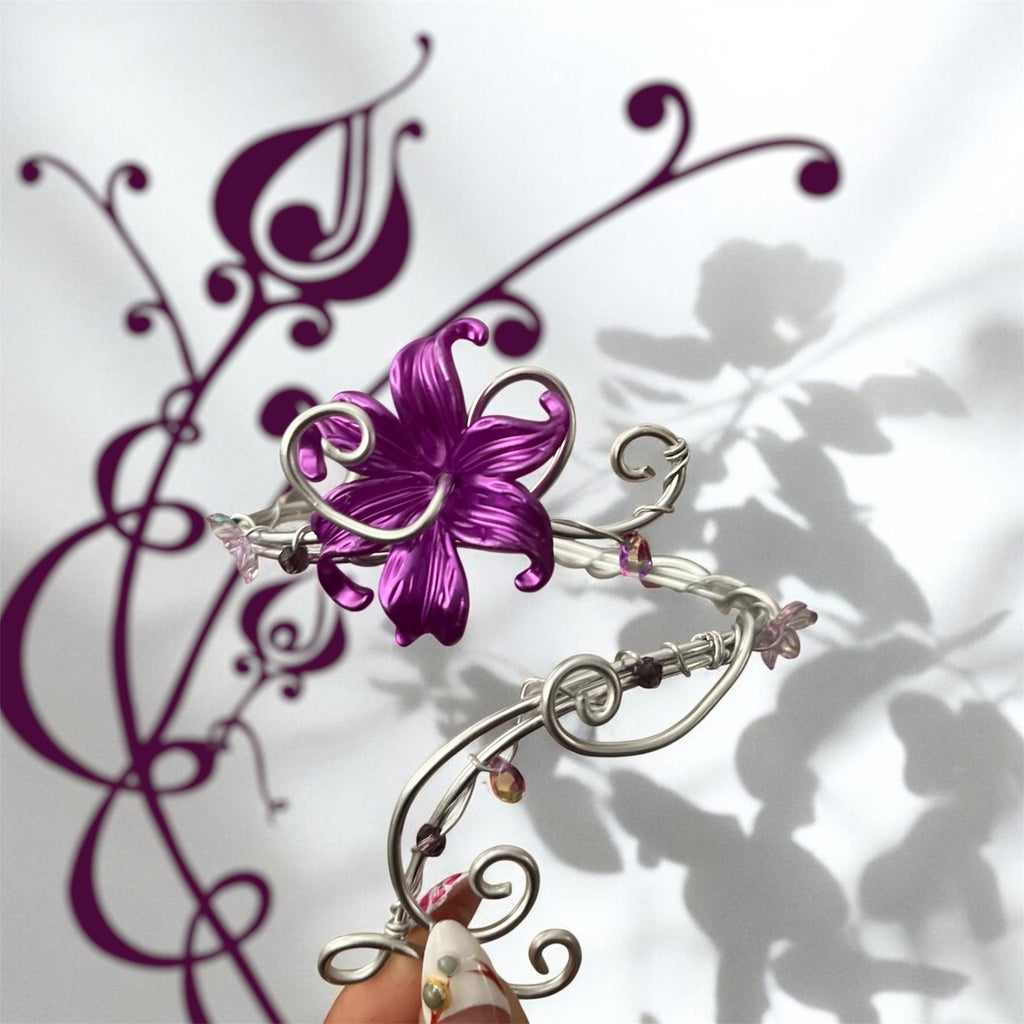 Whimsical Silver Deep Purple Flower Black Swan Arm Cuff