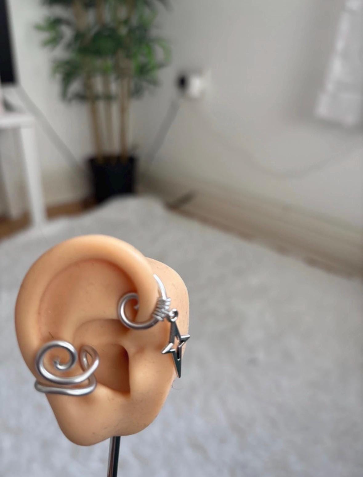 Whimsical handmade star charm spiral silver ear cuff/ ear runner