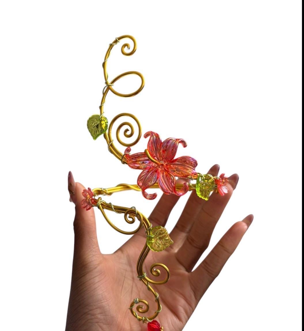 Whimsical Gold Red Flower Blooming Fairy Arm Cuff