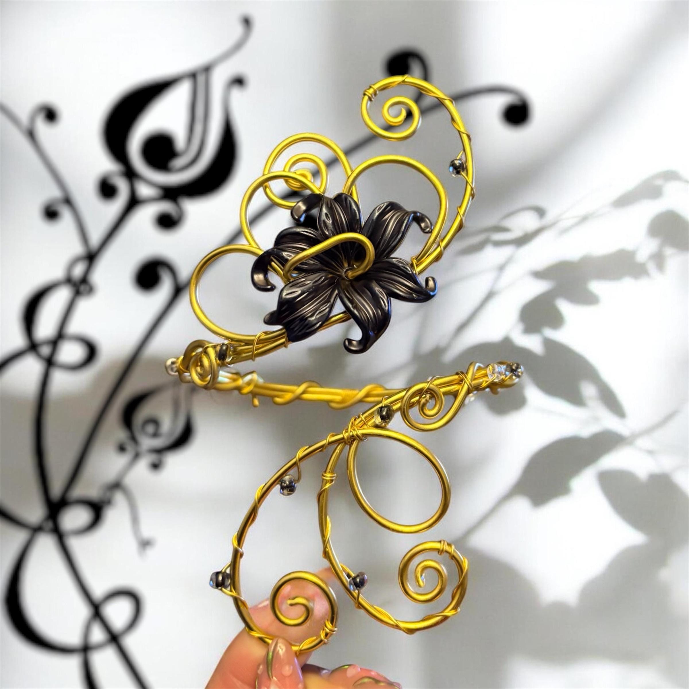 Whimsical Regal Gold Black Midnight Flower Arm Cuff