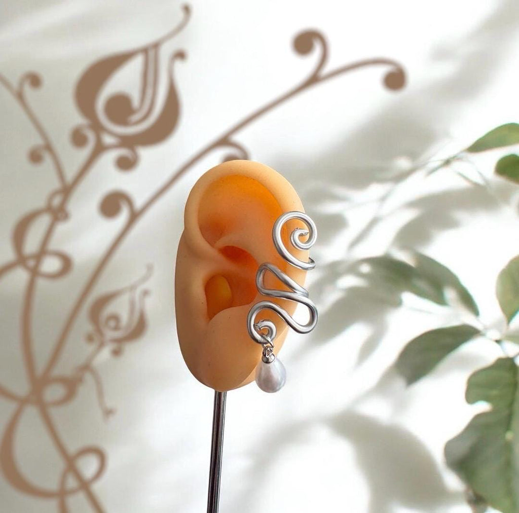 Whimsical handmade silver pearl ear cuff