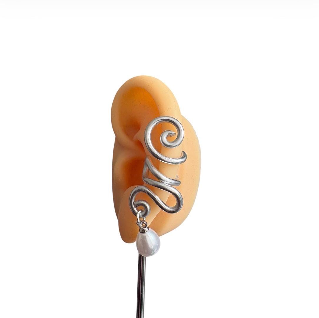 Whimsical handmade silver pearl ear cuff
